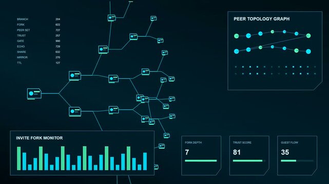 A digital collaboration invite graphic interface displays complex network nodes expanding across a dark screen with glowing blue metrics and bar charts shifting in real time