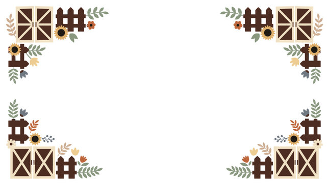 farm corner elements with sunflowers, fences, and autumn leaves, decorative borders for rustic designs