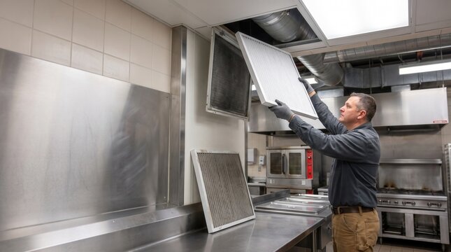 Man replacing a metal air filter in a commercial kitchen ventilation system with stainless steel equipment