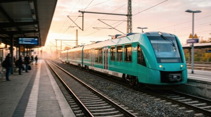 Naklejka premium Hydrogen train with teal livery, reflective windows, and fuel cell service panel racing past a platform at sunrise.