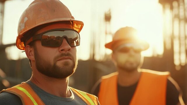 Two construction workers in safety helmets and reflective vests, standing at a construction site.