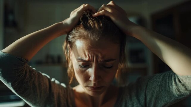 Woman with her hand on her head, looking down with a concerned expression