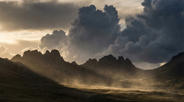 Dramatic Storm Clouds Over Mountain Silhouette Landscape. Artistic wide shot of brooding cumulus clouds behind dark mountain ridge, dramatic side lighting creating powerful atmosphere