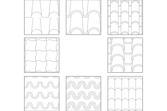 Set of nine architectural roofing tile textures and geometric repeating wave patterns, including interlocking corrugated metal panels, Spanish clay tiles, curved concrete profiles, and wavy line style