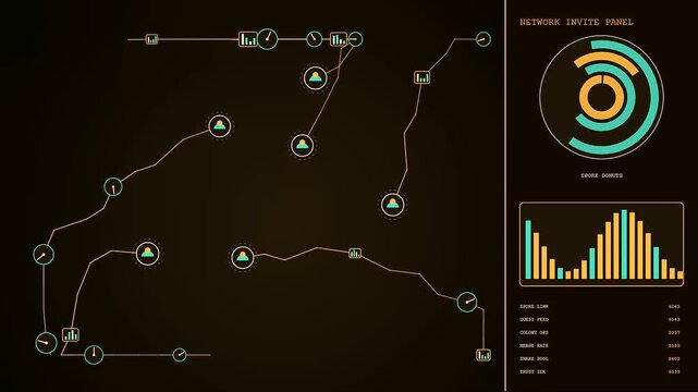 a digital collaboration invite sequence pulses across three screens displaying interconnected nodes and glowing bar charts while fluid data lines animate between dark network nodes