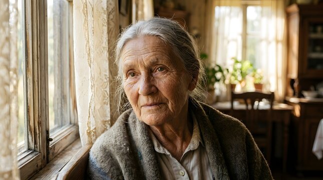 Portrait of Elderly Woman with Weathered Face