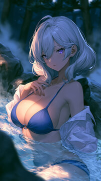 Silver Haired Anime Woman in Blue Bikini in Winter Forest