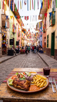Peruvian dish &ldquo;Pollada&rdquo; on table outdoors featuring a bokeh blurred background of traditional colorful festive neighborhood with colorful ribbons decorations