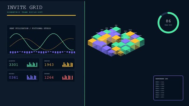A vibrant collaboration invite interface displays modular grid structures with fluctuating line charts and numeric status indicators across multiple digital panels in a dark environment