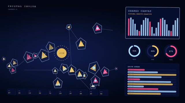 A digital collaboration invite animation displays complex interface charts with geometric nodes and lines connecting circular icons in a dark blue motion graphics software screen environment