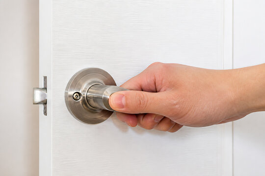 A hand is operating a round door knob on a white interior door.