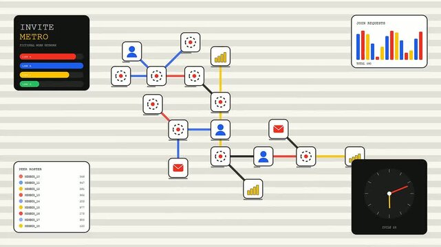A visual collaboration invite interface shows a network expanding nodes connecting people across three sequential stages of software deployment tracking growth patterns on light gray grid surfaces