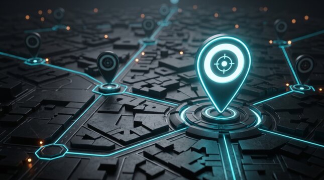 Digital location intelligence map with navigation pin for geolocation tracking, route planning and smart mobility services