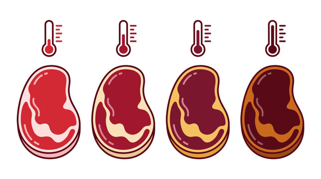 Set of four steak doneness levels with thermometer icons, raw to well done beef meat cooking stages, culinary temperature guide for grilling
