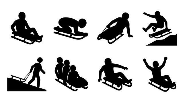 Collection of silhouette icons representing winter sledding activities and sports, including bobsledding, luge, and recreational sledding, perfect