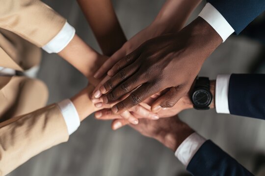 Diverse hands, joined in a gesture of unity and teamwork, symbolizing shared goals