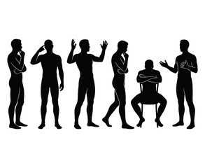 Fototapeta premium Silhouettes of men in diverse thinking and discussing poses standing and sitting