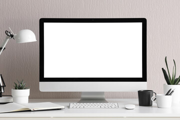Fototapeta premium Modern home office setup with blank computer screen, remote work and productivity concept, clean desk with technology