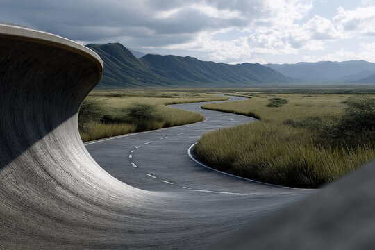 Surreal asphalt road curling upward into smooth roll across open grassland landscape, impossible geometry concept, mountains background