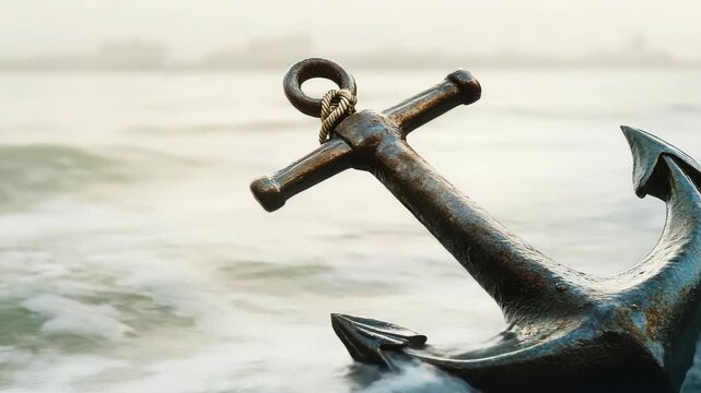 An old, rusted anchor laying in the murky water.