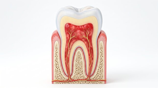 Cross section of human molar tooth showing enamel dentin pulp nerves and blood vessels