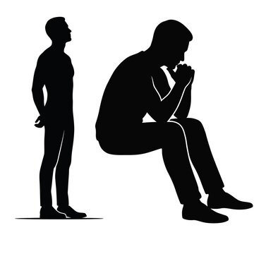 Black silhouettes of men standing and sitting in pensive thinking poses