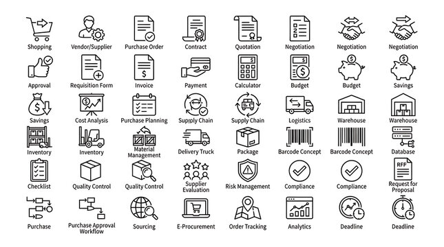 Procurement icons array presenting vendor negotiation contract quotation approval budgeting warehouse and tracking elements.