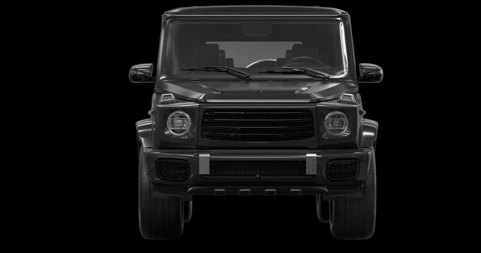 Black luxury SUV speeding toward the camera in a dynamic front view. Includes 4K resolution with alpha channel.
