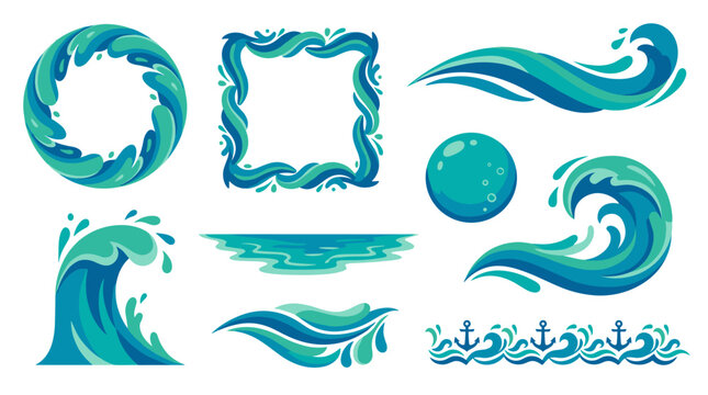 Set of ocean waves frames and border elements, water splash icons in turquoise and blue shades, marine theme decor for summer design projects