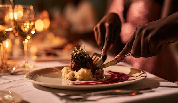 Close-up of hands cutting into a gourmet meal at a fancy dinner