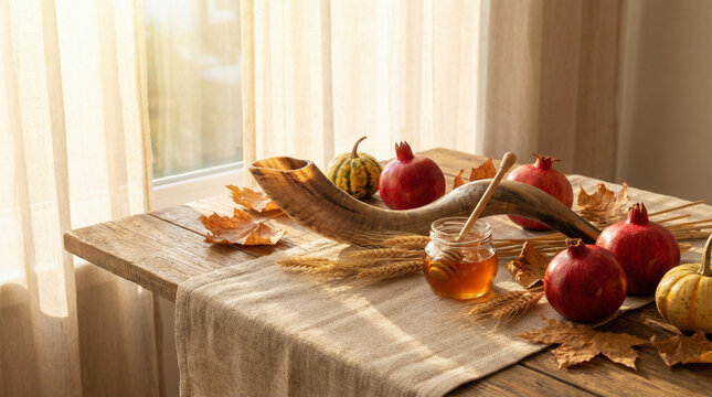 Autumn Table Setting with Shofar and Pomegranates Scene. Cozy harvest arrangement with shofar, pomegranates and honey jar near sunny window, soft natural daylight streaming in