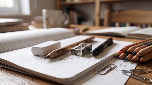 School stationery on open notebook on wooden table inside room background