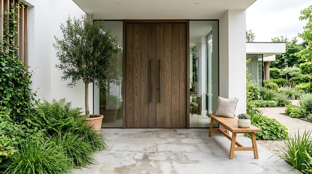 Elegant modern entrance with dark wooden double door and greenery