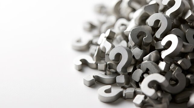 Pile of metallic question marks against a white background