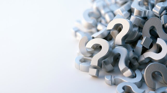 A pile of shiny silver question marks, some dark, on a white background