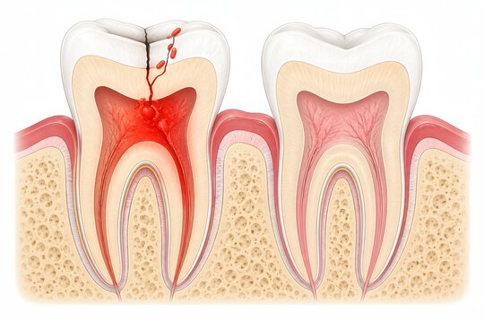 Cracked tooth syndrome dental cross-section diagram, dentistry medical illustration showing cracked tooth syndrome with enamel fracture propagation, bacterial infiltration and pulpitis