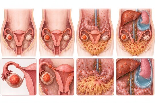 Ovarian cancer FIGO staging diagram, gynecology oncology medical illustration showing ovarian cancer FIGO staging from confined ovarian tumor to peritoneal metastases and distant spread