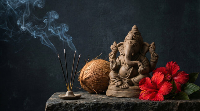 Dramatic Still Life Ganesh Festival Altar Arrangement. Side-lit artistic composition featuring clay Ganesha with incense smoke trails, coconut and red hibiscus on dark backdrop