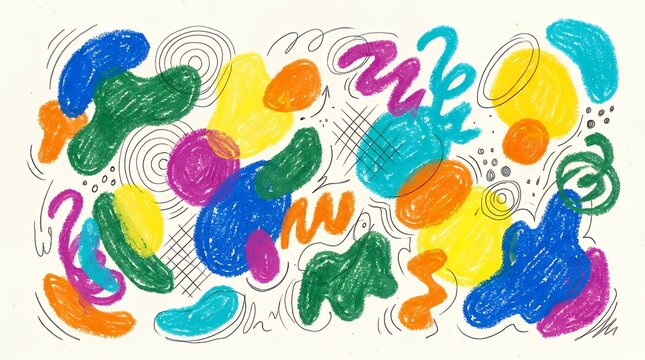 Playful abstractof organic crayon shapes amoeba blobs and hand drawn pencil lines for design decoration background abstract crayon shapes organic blobs doodle pencil drawing playful colorful