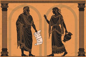 Fototapeta premium Drawing in ancient Greek style. An ancient Greek man with a papyrus with an inscription in Greek: The Journey of the Trojan King. and a woman with a jug in her hands stand and talk in an old temple be