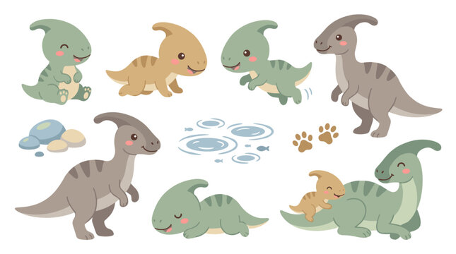Set of cute baby parasaurolophus dinosaurs in various poses, walking, jumping, sitting, playful prehistoric creatures for nursery decor