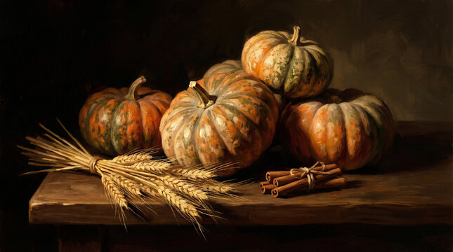 Dramatic Pumpkin and Wheat Still Life Moody Autumn Scene. Side-lit artistic arrangement of heirloom pumpkins with golden wheat stalks and cinnamon sticks, deep shadows, painterly quality