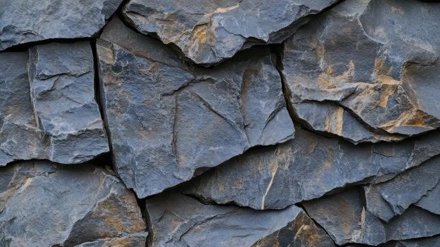 A detailed view of a gray, textured rock wall, showing the natural cracks and patterns on the surface.