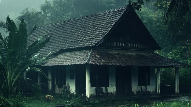 An old, dilapidated house with a rusty roof standing in the rain.