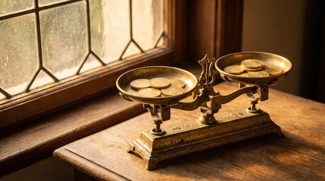 Equal Pay Day Concept with Balanced Golden Coins on Scale. Close-up of antique brass balance scale with identical gold coins on each side, warm sunset light , wooden desk surface