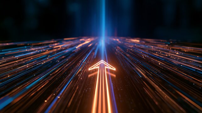 Glowing light arrow moving forward fast through cyberspace representing digital transformation and business growth with transformation business technology innovation