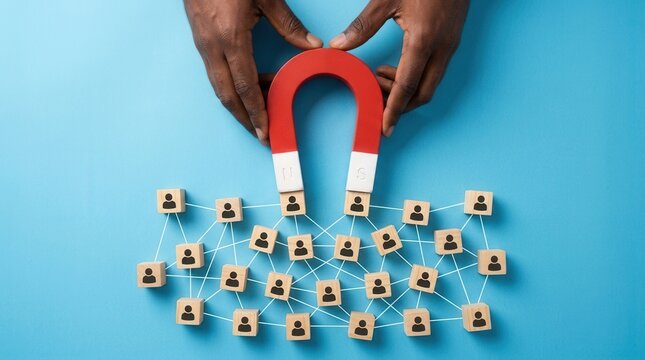 Concept of attracting business leads and new customers with a magnet.