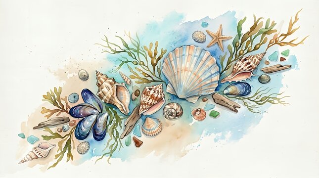 Slanted coastal arrangement depicting aquatic elements and marine mollusks painted with water soluble pigments over clean canvas refreshing diagonal frame seaside seashell pattern summer watercolor