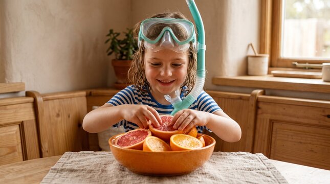 Child sets fruit beside swim gear at breakfast nook