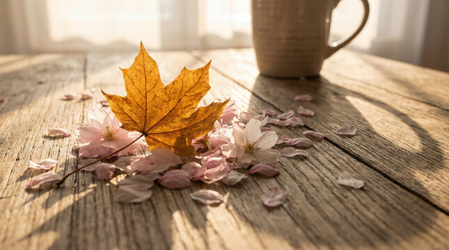 Autumn Leaves and Spring Blossoms Meeting on Wooden Surface. Close-up of golden maple leaf touching cherry blossom petals on rustic oak table, warm sunset light creating soft shadows